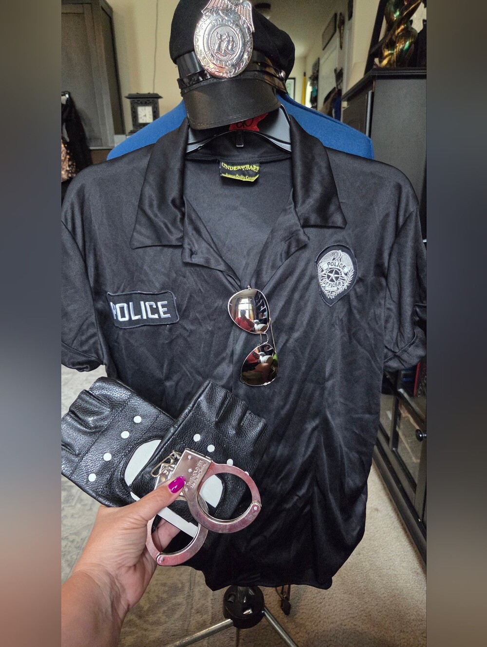 Black Police Costume Shirt And Accessories- Short Sleeve